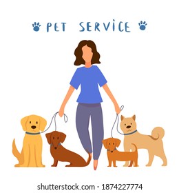 Professional dog handler walks with pet in park. Concept of dog walking service, volunteering, sitter, walker, pet care, dog shelter. Design for poster, banner, flyer, web.
