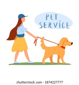 Professional dog handler walks with pet in park. Concept of dog walking service, volunteering, sitter, walker, pet care, dog shelter. Design for poster, banner, flyer, web.