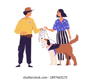 Professional dog walker from pet walking service getting animal from owner. Colored flat vector illustration isolated on white background