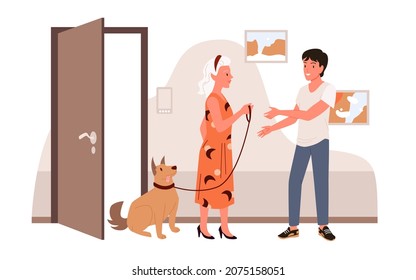 Professional Dog Walker Service Vector Illustration. Cartoon Woman Pet Owner Holding Out Dog Leash To Young Man Worker, Standing At Door Of House. Domestic Animal Daycare, Dog Sitter, Training Concept