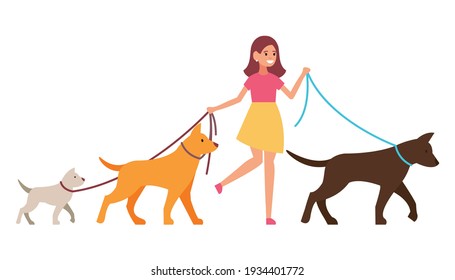 Professional dog walking. A man walks with a pet. Vector illustration isolated on white background.