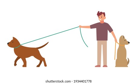 Professional dog walking. A man walks with a pet. Vector illustration isolated on white background.
