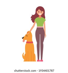 Professional dog walking. A man walks with a pet. Vector illustration isolated on white background.