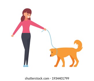 Professional dog walking. A man walks with a pet. Vector illustration isolated on white background.