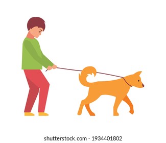 Professional dog walking. A man walks with a pet. Vector illustration isolated on white background.