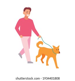 Professional dog walking. A man walks with a pet. Vector illustration isolated on white background.