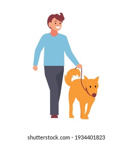 Professional dog walking. A man walks with a pet. Vector illustration isolated on white background.