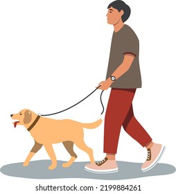 Profi gehender Hund. Ein Mann geht mit einem Haustier spazieren. Vektorgrafik einzeln auf weißem Hintergrund.