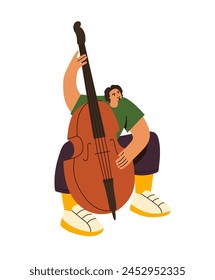 Professional double bass player performs with live jazz concert. Man plays on string instrument. Talented street musician with contrabass. Flat isolated vector illustration on white background