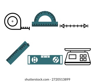 Conjunto de equipo de redacción de Profesional. Regla de ingeniería y Ilustración vectorial de transportadores. Iconos de cinta métrica de precisión y herramienta de nivel.