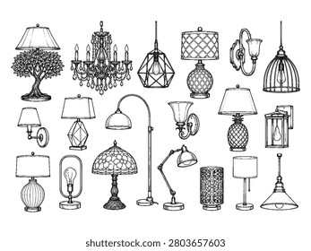 Professional drawing collection of various lamps chandeliers and wall sconces for home lighting interior decoration.