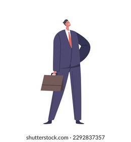 Professional Dressed Man With Briefcase. Confident, Serious Male Character Stand With Arm Akimbo Ready For Work
