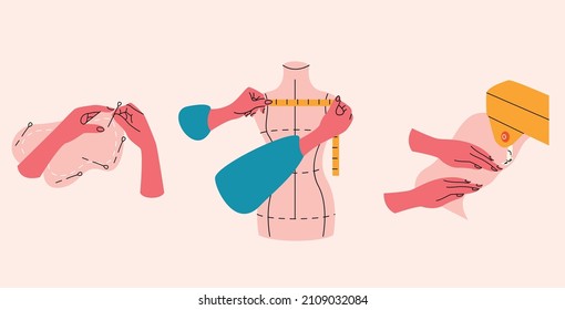 Professional dressmaking, tailoring elements collection. Cloth designer at work flat isolated set. Atelier workshop in trendy flat design. 