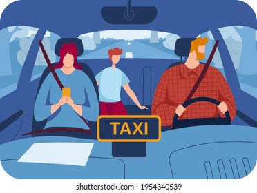 Professional driver, passengers ride taxi, inside car, city trip, comfortable automobile, design cartoon style vector illustration