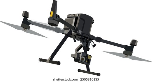 Professional drone for industrial isolated on transparent background. Flying drone with diagonal moving