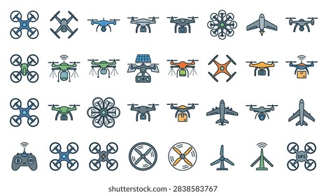 Professional drone and UAV collection featuring multicopter and fixed-wing aircraft icons flat design vector illustration.