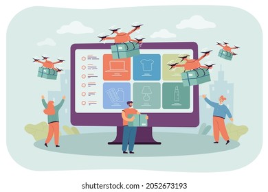 Professional drones delivering purchases to cartoon customers. City people with huge monitor flat vector illustration. Delivery, ecommerce, digital marketing, sale concept for banner or website design