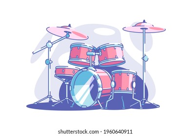 Professional drum set vector illustration. Equipment for band flat style. Musical genre. Performance and concert. Entertainment art and music concept. Isolated on white background