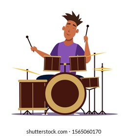 Professional drummer flat vector illustration. Talented musician holding drumsticks cartoon character. Pop rock concert, music show, live stage performance. Band member, cheerful guy playing drums