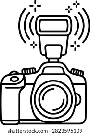 Professional DSLR Camera with External Speedlight Flash Line Art Vector Illustration Featuring Isolated Photography Equipment on White Background