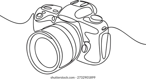 Cámara réflex digital de Profesional en un estilo de arte de línea para negocios de Fotografía. Dibujo minimalista de una sola línea de equipo fotográfico. Ilustración de contorno negro del cuerpo de la cámara y la lente para el logotipo o el icono. Diseño dibujado a mano creativo para estudios. Gráfico lineal moderno simple de gadget de tecnología moderna.