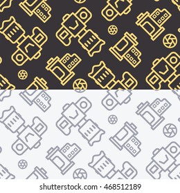 Professional dslr photo camera front view vector seamless pattern in linear style 