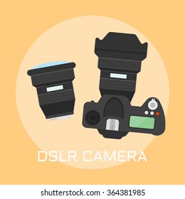 Professional dslr photo camera top view and removable camera lens vector illustration in flat style, photography equipments 