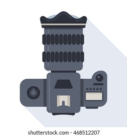 Professional dslr photo camera top view vector illustration in flat style with long shadow on blue background