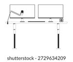 Professional dual-monitors desk setup with microphone arm 2D line object. Computer screens, keyboard, webcam, adjustable table isolated clipart vector ink outline item. Monochrome spot illustration