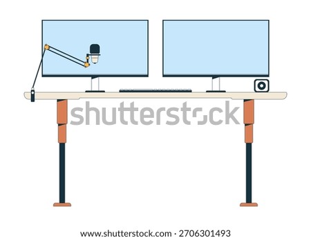 Professional dual-monitors desk setup with microphone arm 2D cartoon object. Two screens, computer keyboard, webcam, adjustable table isolated element flat vector clip art on white. Spot illustration