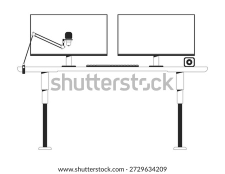Professional dual-monitors desk setup with microphone arm 2D line object. Computer screens, keyboard, webcam, adjustable table isolated clipart vector ink outline item. Monochrome spot illustration