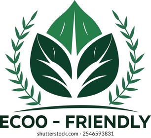 A professional eco-friendly logo featuring green leaves at the center, symbolizing sustainability and nature. The leaves are surrounded by laurel branches, representing environmental balance and harmo