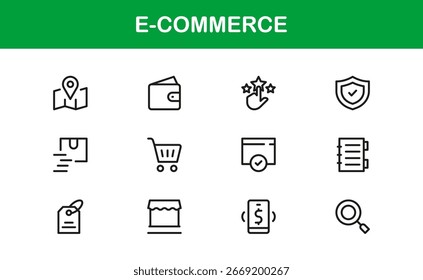 Coleção de Ícones Profissional de E-commerce com Compras Online, Finalização da Compra, Entrega e Gráficos de Pagamento