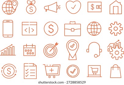 Conjunto de ícones de comércio eletrônico profissional. Símbolos de varejo online universais. Ícones modernos de rastreamento e envio de pedidos. Sinal de comércio e negócios vetoriais
