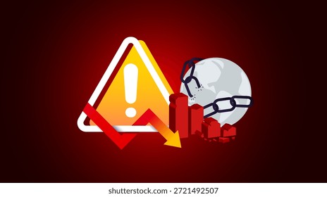 Professional economic crisis concept featuring a declining red arrow, warning alert, and shattered stone blocks. High-quality visual for global recession, financial loss, and market volatility. warning