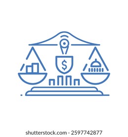 Professional Economic Stability Icon with Balanced Scale Dollar Bar Chart Shield and Regulation Symbol
