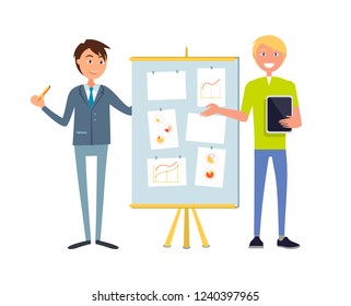 Professional economists discussing financial issues at board with charts and graphs. Business people making presentation together, vector cartoon characters