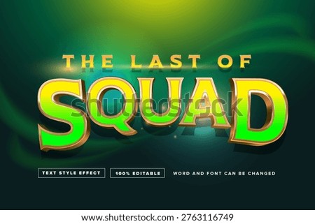 Professional editable 3D text style template titled "The Last of Squad." This graphic showcases a bold, modern sans-serif typography with a brilliant lime-to-yellow metallic texture and realistic golden chrome strokes. The design is enhanced with magical glowing sparks, a sharp amber lens flare, and a background of ethereal green waves and mist. This versatile template is ideal for esports team branding, action game logos, cinematic tournament titles, futuristic branding, and high-energy digital marketing.