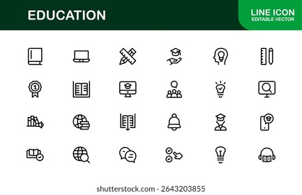 Conjunto de iconos de Educación de Profesional. Iconos modernos editables para el aprendizaje, la enseñanza, las escuelas y las herramientas educativas digitales