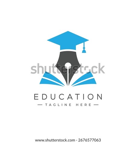 A professional education logo template featuring a pen nib, open book, and graduation cap, ideal for schools, colleges, universities, tutoring services, and academic institutions.