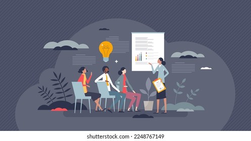 Professional education and teaching new work skills tiny person concept. Company staff and employees study in seminar or courses vector illustration. Abilities improvement or qualification development