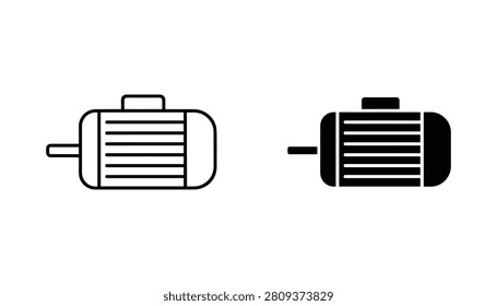 Professional electric motor icons featuring both outline and solid vector styles for industrial equipment, machinery hardware, and engineering technical documentation usage.