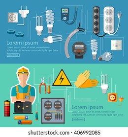 Professional electrical banner electricity energy electric man in yellow hard hat electrical household supplies vector illustration 