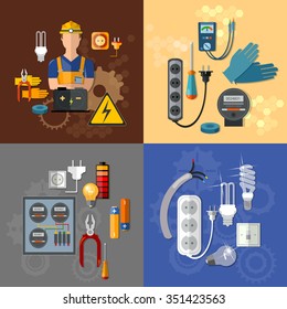 Professional electrical electricity energy electric man in yellow hard hat electrical household supplies vector set 