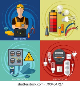 Professional electrical set, electricity energy electric man in yellow hard hat electric meter