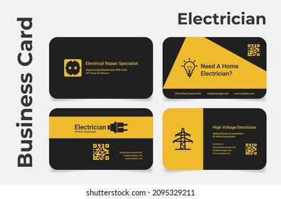 Professional electrician business card set template vector flat illustration. Electrical services engineer branding identification decorative design with plug, light bulb and high voltage isolated