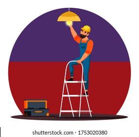 Professional electrician change light bulb in chandelier at home. Technical worker with toolkit box standing on ladder. Repairman in uniform and helmet at work. Electric maintenance service