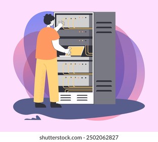 Professional electrician checking cables of switchboard panel. Engineer character with server rack, man installing network or internet flat vector illustration. Telecommunication concept for banner