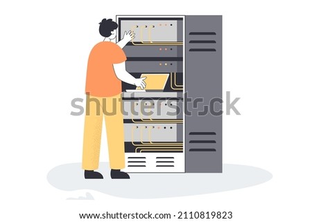 Professional electrician checking cables of switchboard panel. Engineer character with server rack, man installing network or internet flat vector illustration. Telecommunication concept for banner