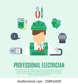 Professional electrician concept with electricity tools and equipment flat icons vector illustration